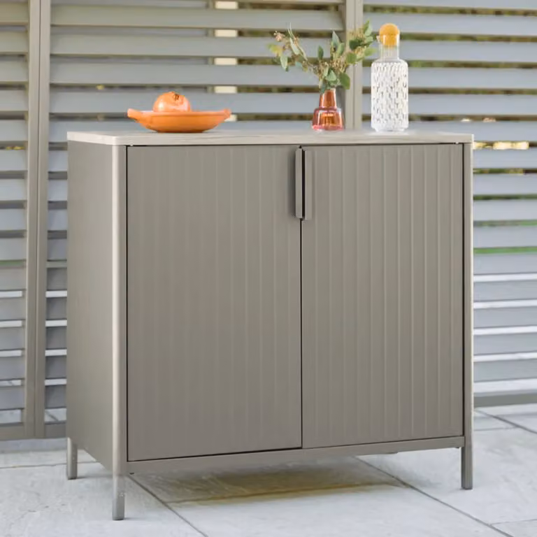 Leisure Grow Modern Grey Striped Metal Garden Storage Cabinet with Internal Shelves and Hinged Doors