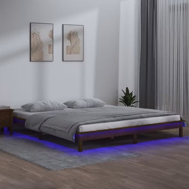 Berkfield Home Rustic Solid Pine LED Bed Frame with USB Charging Port, Brown, 200 x 200 cm – 1