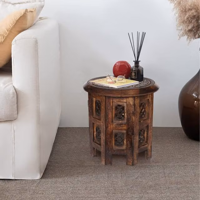 Topfurnishing Round Carved Wooden Coffee, Bedside or End Table in Brown, W/D/H: 30 x 30 x 30 cm