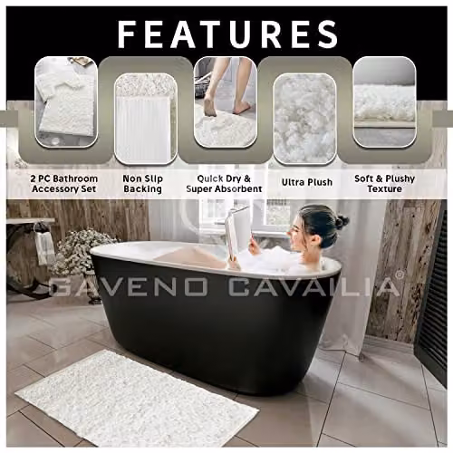 Gaveno Cavailia 2 Piece Zero Twist Non-Slip Bath Mat and Pedestal Set, Beige, W/D/H: 50 x 80 cm and 50 x 40 cm – 2