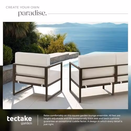 tectake Minimalist Garden Furniture Set with Two 3-Seater Outdoor Sofas and One Lounge Armchair, Featuring Powder-Coated Steel Frames and Upholstered Foam Cushions with Removable Covers – 4