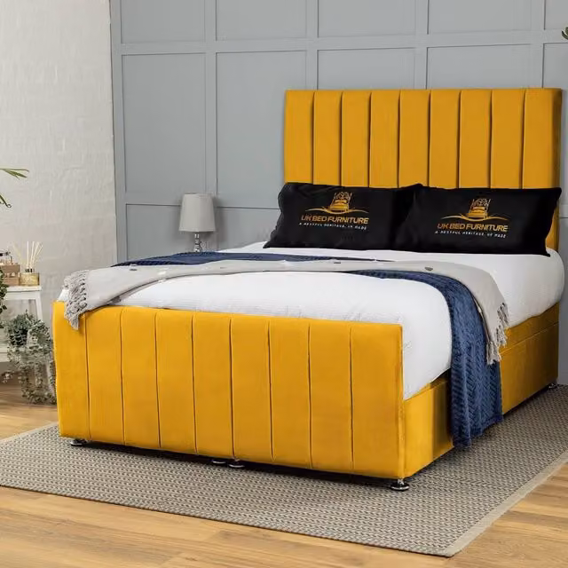 UK Bed Furniture Belvoir End Lift Divan Ottoman Bed with 54 Inch Headboard in Yellow Velvet, W/D/H: 90 x 190 cm