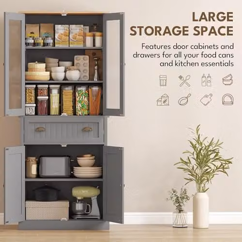 HOMCOM Grey Freestanding Tall Kitchen Cupboard with Glass Doors and Drawers, W: 45.8 cm, D: 40.0 cm, H: 182.5 cm – 4