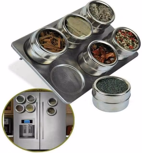MantraRaj 6 Piece Magnetic Herb and Spice Tin Jar Set with Holder Stand in Silver and Transparent Stainless Steel