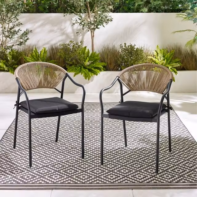 FurnitureboxUK Pair of Elba Outdoor Dining Chairs with Cushions in Black Matt Metal and Rattan