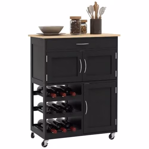 HOMCOM Modern Kitchen Trolley Rolling Island Storage Cart with Drawer, Black, W/D/H: 67.0 x 37.0 x 87.0 cm – 1