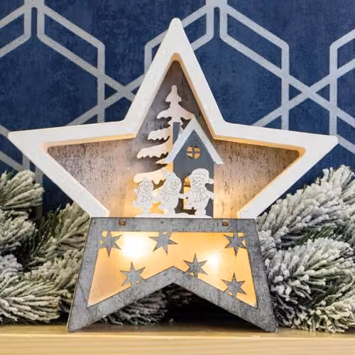 mysmartbuy Battery Powered Wooden Light Up Christmas Star Festive Scene Ornament with Snowman Carving in White, H19 x W19 x D3.5 cm – 3