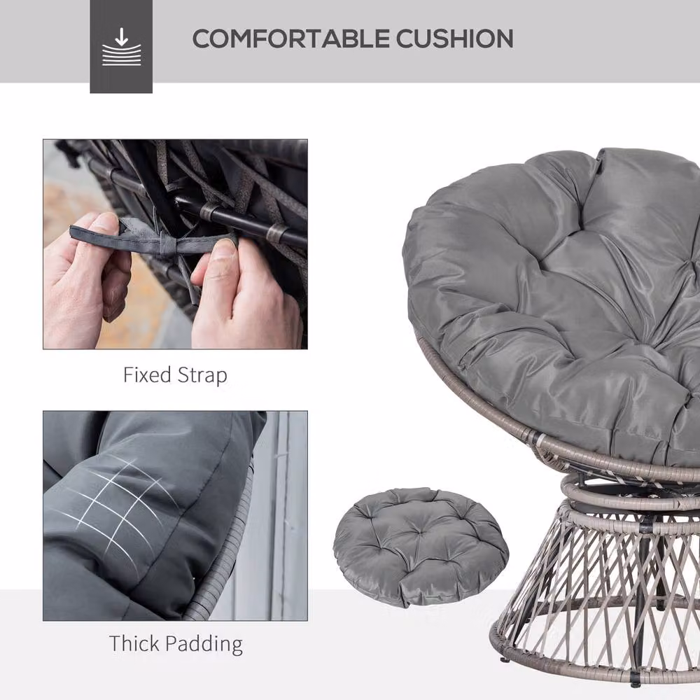 Outsunny 360 Degree Swivel Rattan Papasan Moon Bowl Chair with Padded Cushion in Grey – 4