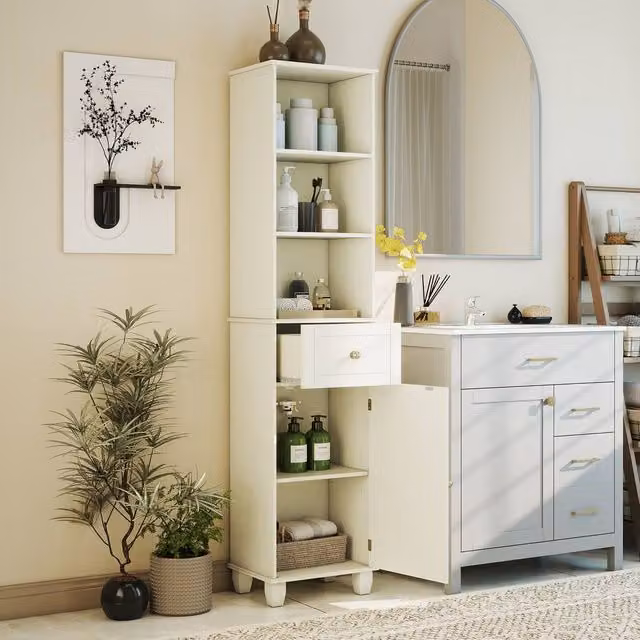 Costway Narrow Beige Floor Bathroom Cabinet with Shelves and Drawer, Height: 172 cm