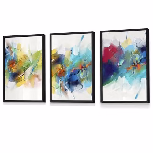 ARTZE Set of 3 Abstract Multicolour Fractal Wall Art, Pink, Blue and Yellow, W: 50 cm, H: 73 cm, D: 2 cm – 2