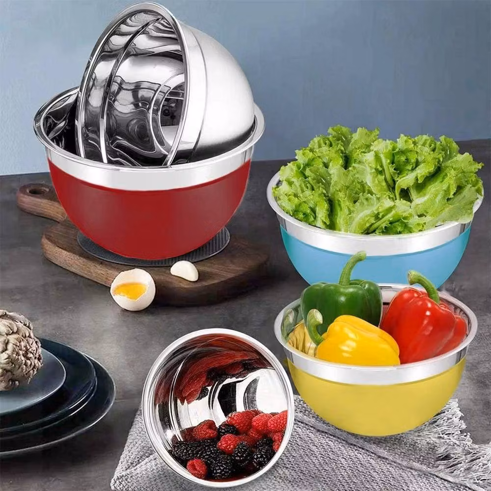 FLAVORA 5 Pack Stainless Steel Mixing Bowls with Lids, Silver and Multicolour, 1000ml each – 6