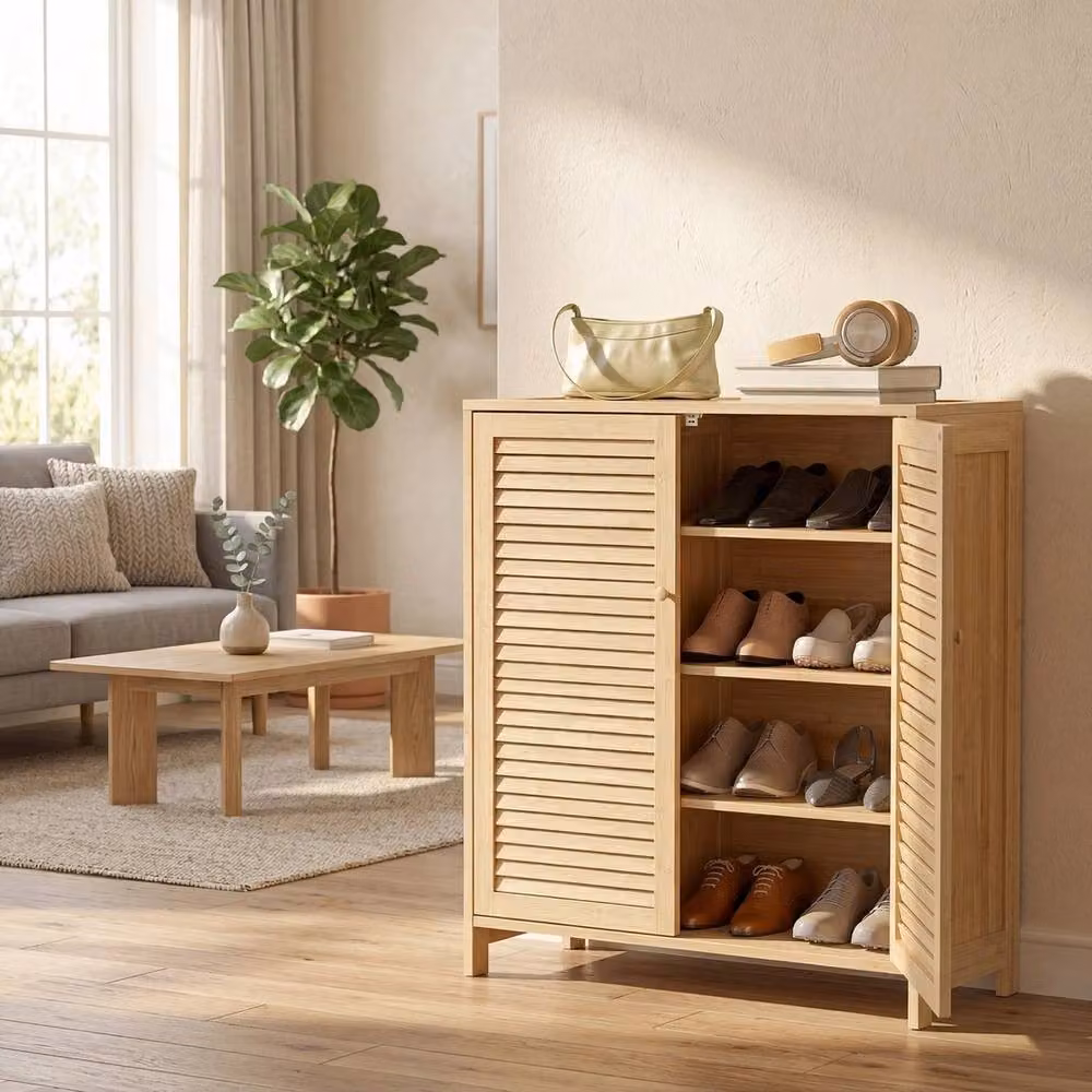 NESTLUNE Bamboo Shoe Cabinet with Roll Shutter Doors in Beige, W: 100 cm, D: 15 cm, H: 80 cm – 4