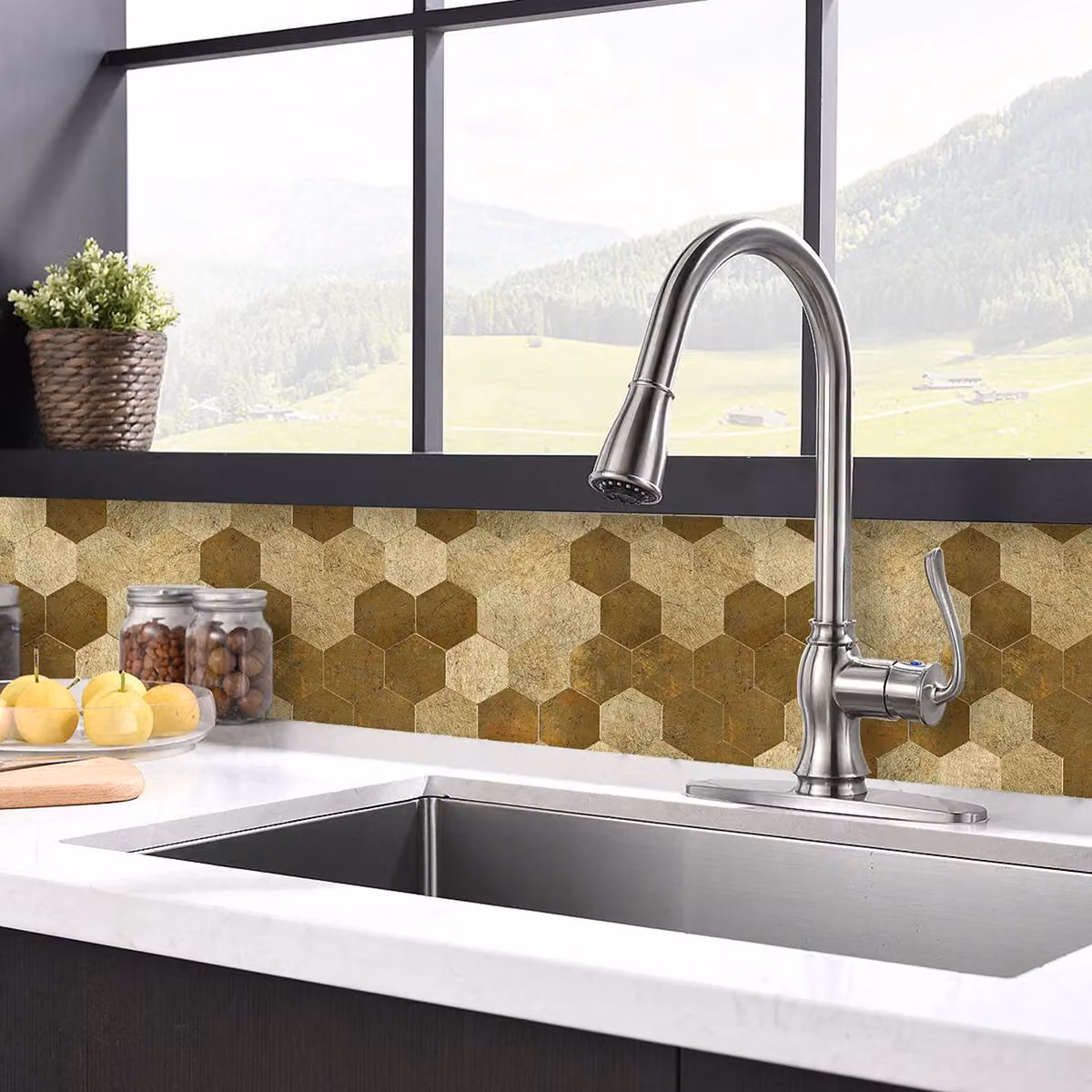 ENER-J Luxe Gold HexaStyle Aluminum Peel & Stick Wall Tiles, Pack of 4, W: 290 mm, D: 288 mm, H: 4 mm – 5