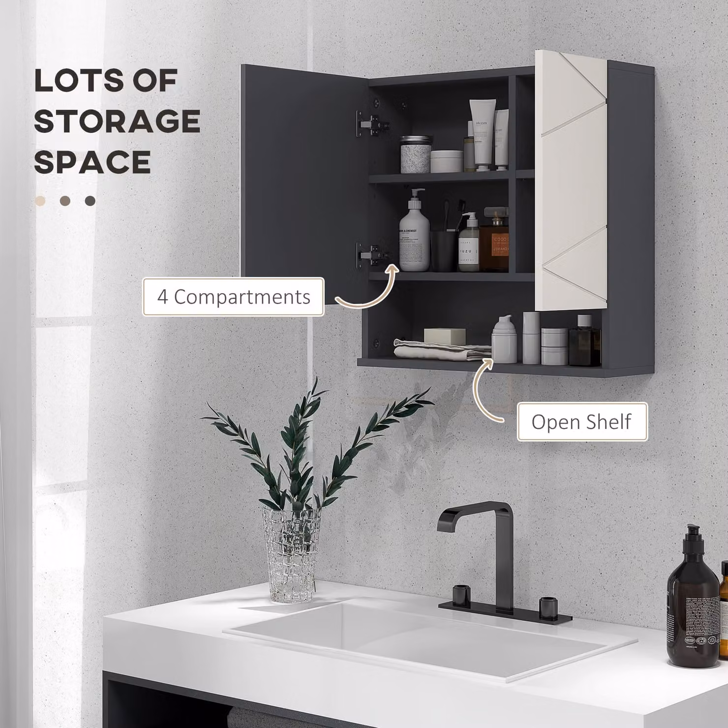 Kleankin Bathroom Mirror Wall Cabinet with Internal Shelves and Hinged Doors, Grey, W: 55 cm, D: 17 cm, H: 55 cm – 3