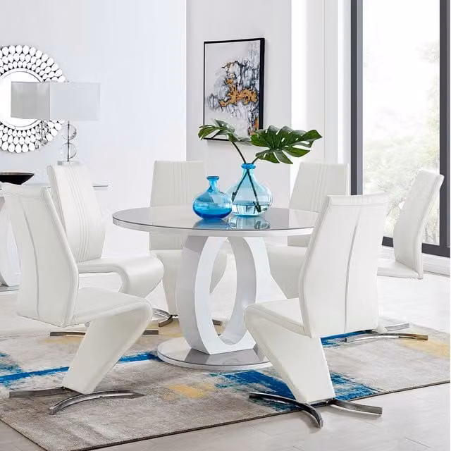FurnitureboxUK Giovani Round Grey Dining Table and 4 White Willow Chairs Set, Diameter: 120 cm
