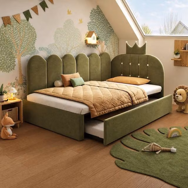 STILVORA 3ft Single Bed Frame with Pull-Out Bed and Drawers in Green Velvet, W/D/H: 90 x 190 x 31 cm