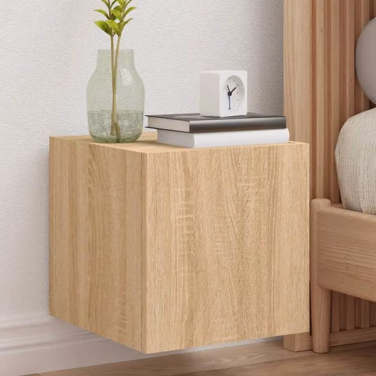 Berkfield Home Set of 2 TV Wall Cabinets with LED Lights in Sonoma Oak and Light Tan, W/D/H: 30.5 x 35 x 30 cm