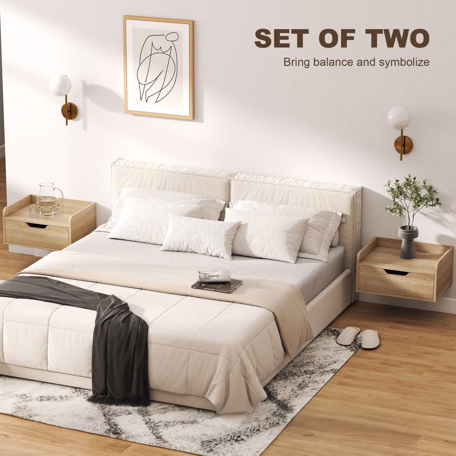 HOMCOM Set of 2 Wall Mounted Floating Nightstands with Drawer in Natural Brown Wood – 2