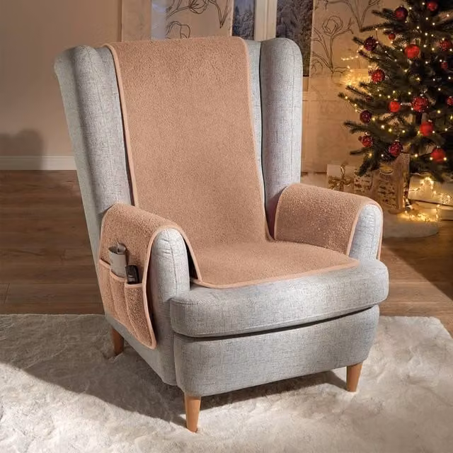 Coopers of Stortford Sherpa Fleece Armchair Protector with Non-Slip Underside and Pockets in Beige