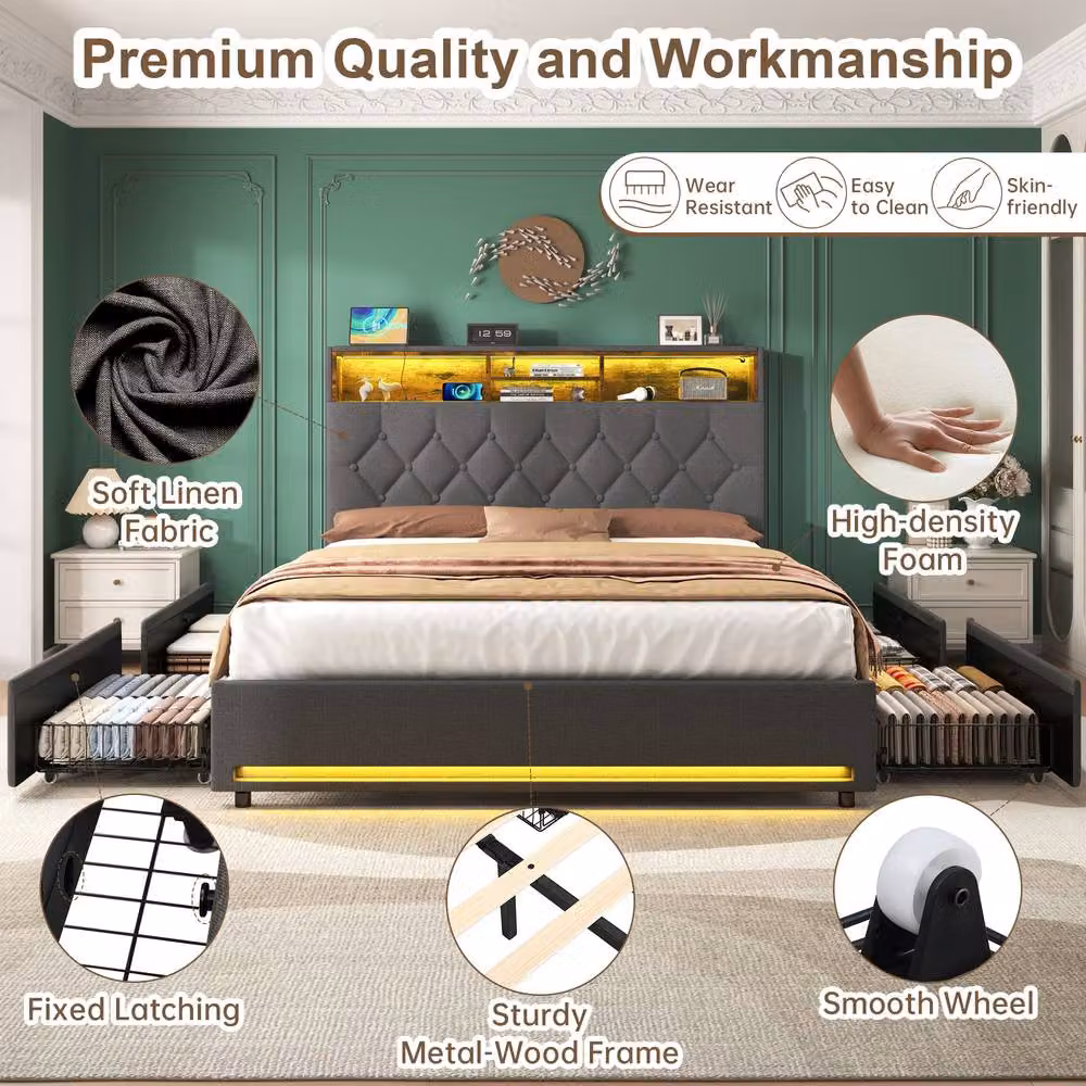 Matteo Grey Linen Double Bed Frame with 4 Drawers, RGB LED Lighting and USB Charging Ports, W/D/H: 140 x 200 cm – 5