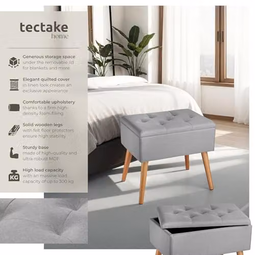 tectake Ranya Upholstered Storage Bench with Removable Top Pad and Beech Wood Legs in Grey – 4
