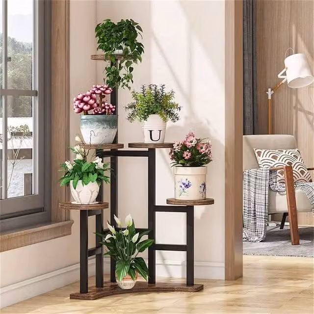 EONLION Brown Rustic Ladder Plant Stand and Flower Pot Display Rack – 1