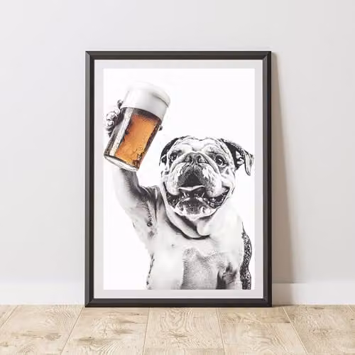 60 Second Makeover Funny Bulldog Drinking Beer Illustration Paper Poster, A4, Multicolour