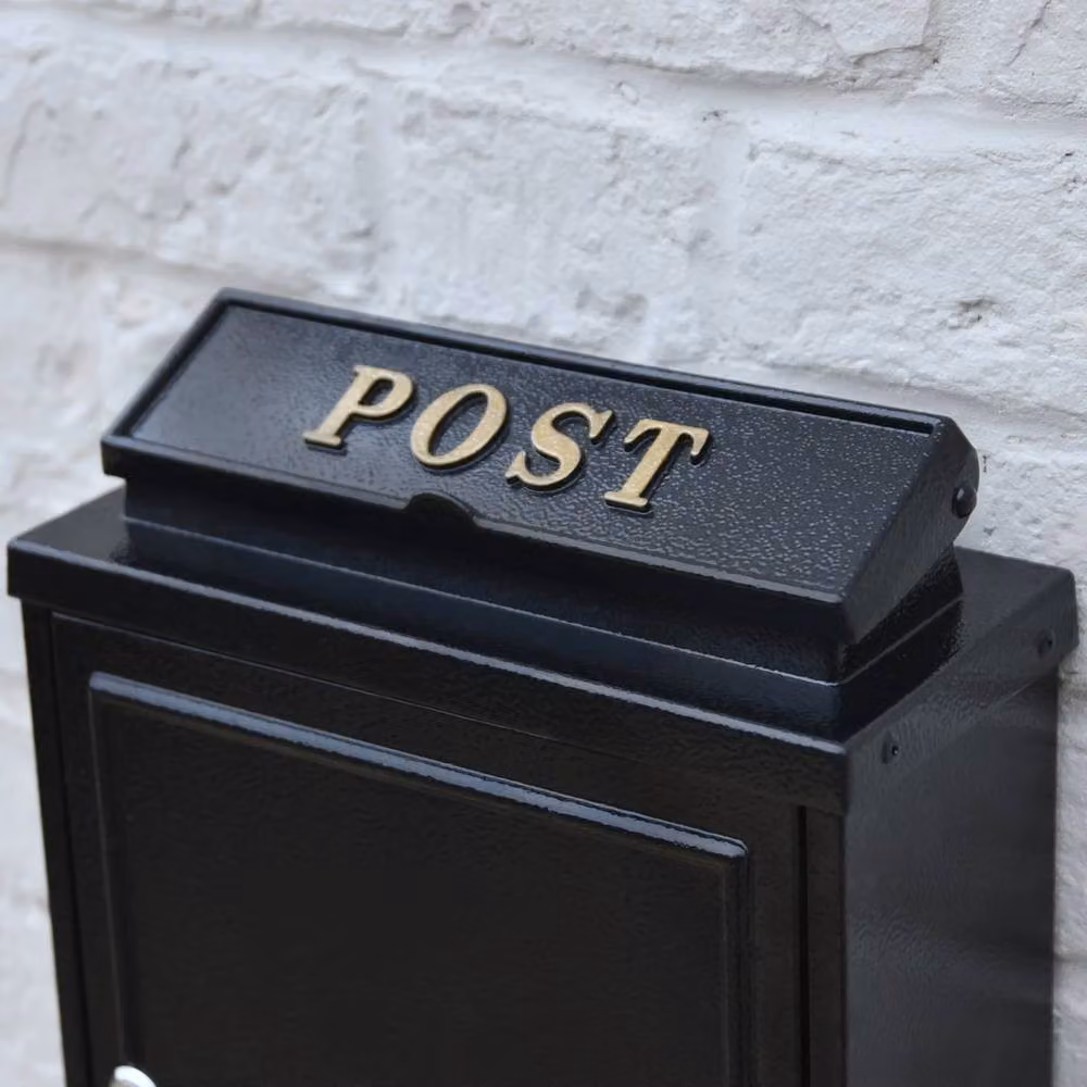 NESTLUNE Black Wall Mounted Post Box with Gold Text – 4