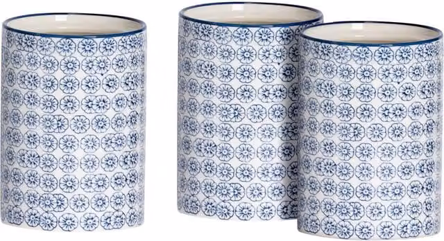 Nicola Spring Hand-Printed Ceramic Kitchen Utensil Holders, Pack of 3, Blue
