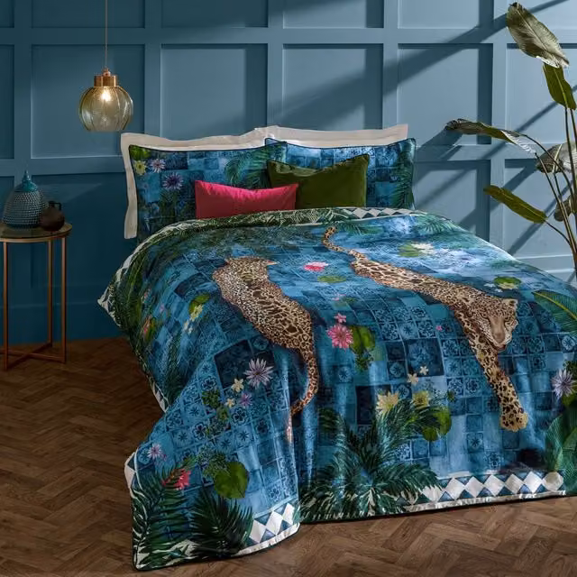 Paoletti Majorelle Reversible Moroccan Botanical Leopard Duvet Cover Set in Blue and Green, W: 230 cm, H: 230 cm, W/D/H: 180 x 230 cm