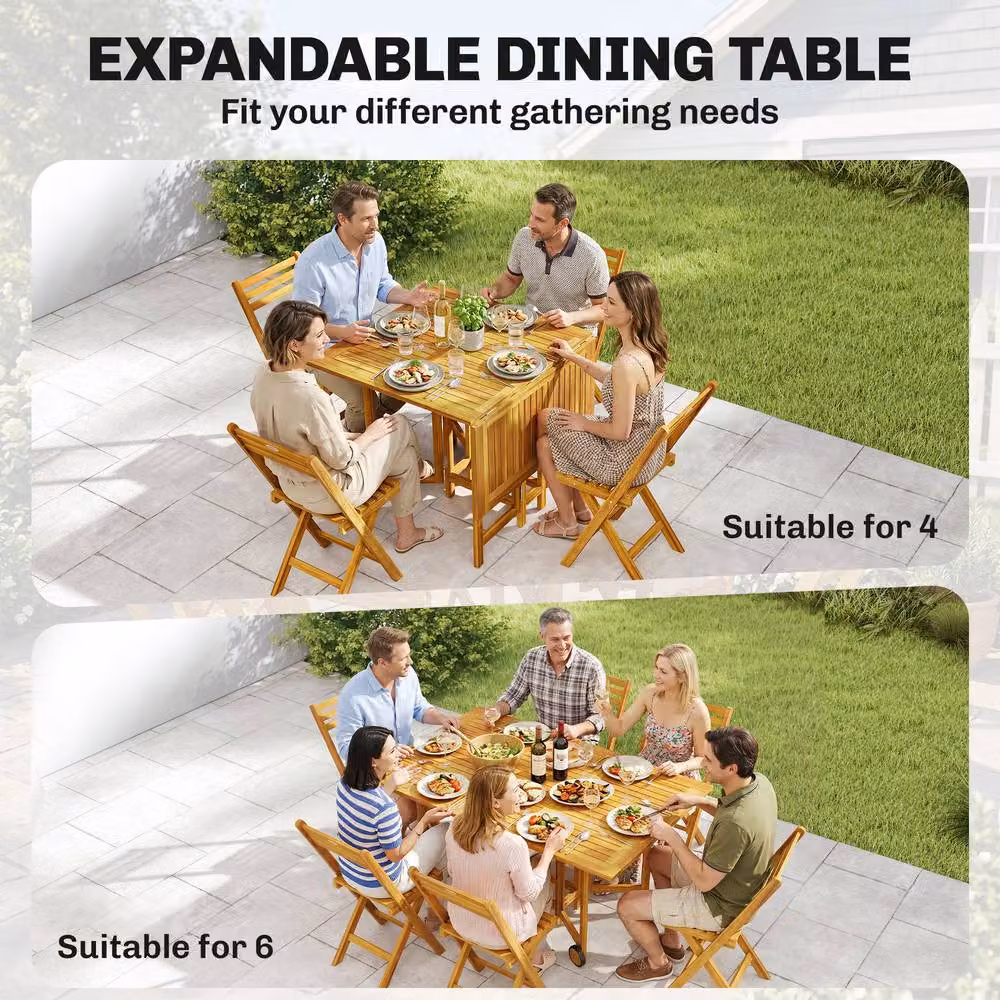 Outsunny 7 Piece Garden Dining Set with Extendable Rectangular Table and 6 Chairs in Brown Acacia Wood – 4