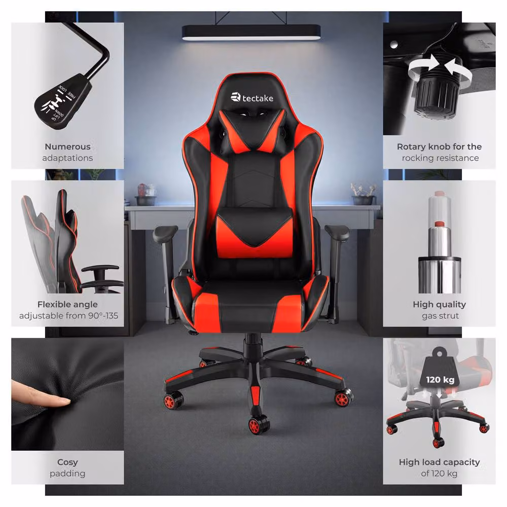 tectake Stealth Gaming Chair in Red and Black with Synthetic Leather and Headrest – 6
