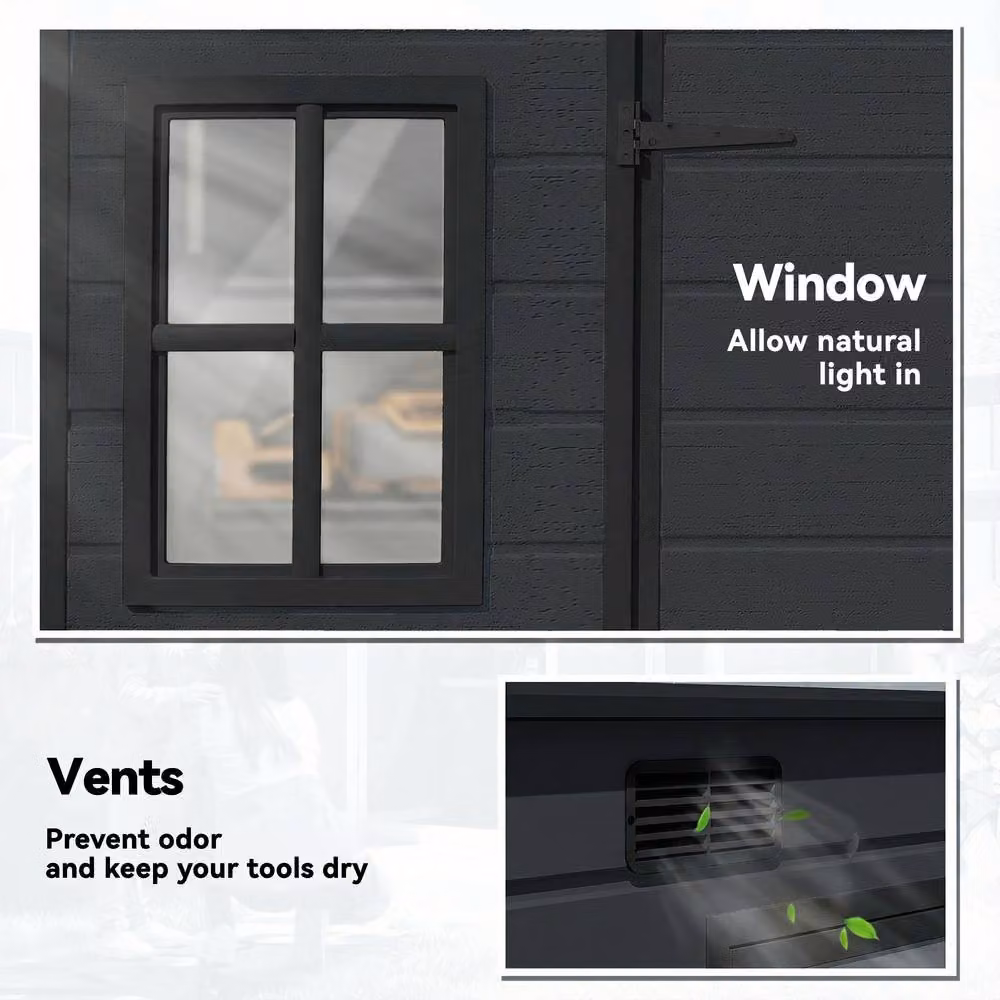 OUTSUNNY Plastic Garden Shed with Floor, Window and Lockable Double Doors, Dark Grey, W: 300 cm x D: 100 cm x H: 200 cm – 3