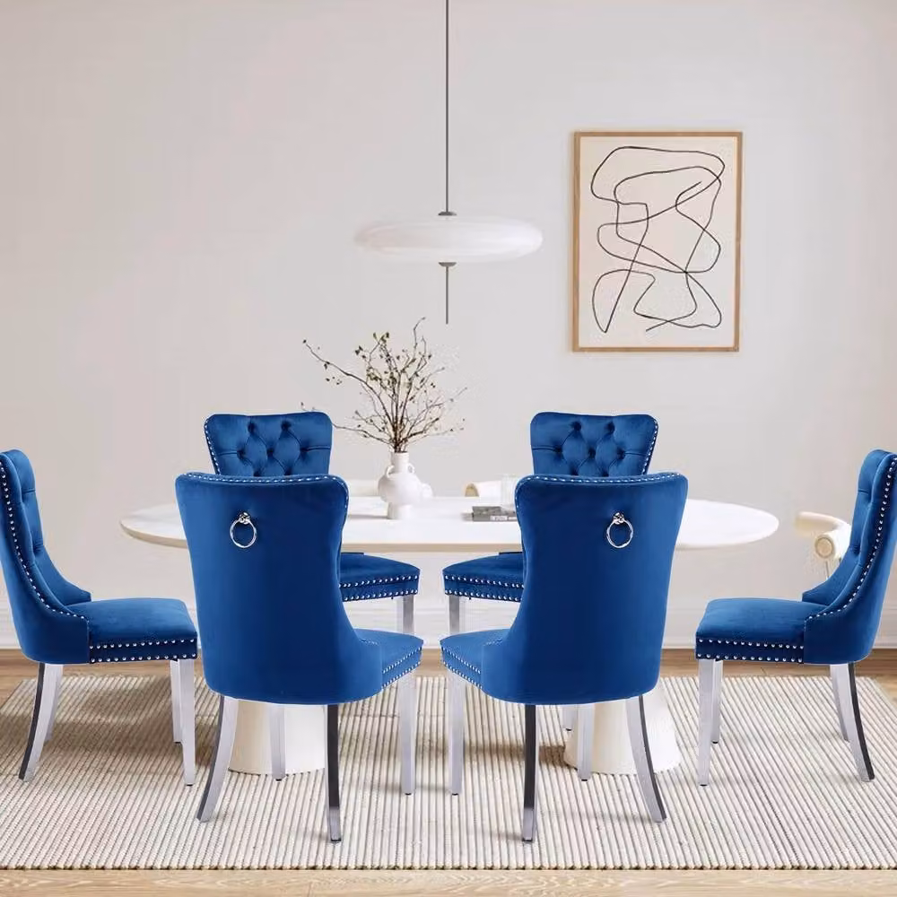 HomeTouch Winchester Set of 6 Blue Velvet Upholstered Kitchen Dining Chairs with Silver Chrome Legs – 2
