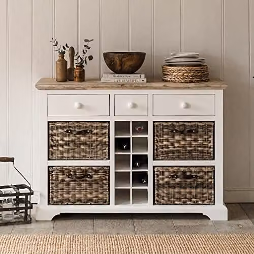 Statement Furniture Florence Sideboard in White with Acacia Wood Top, 3 Drawers, 4 Storage Baskets and Wine Rack, W: 120 cm, H: 85 cm, D: 42 cm