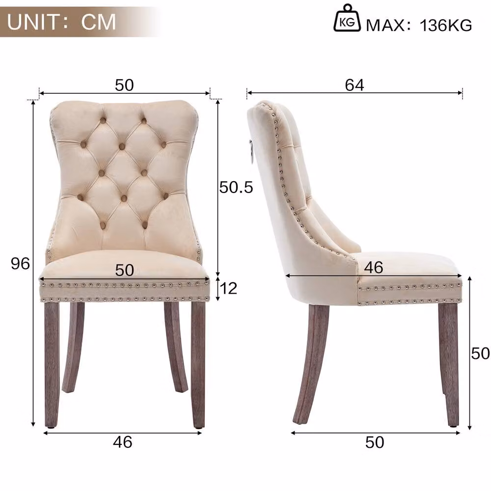 Rolipo Set of 2 Beige Velvet Dining Chairs with Tufted Back and Rubberwood Legs – 2