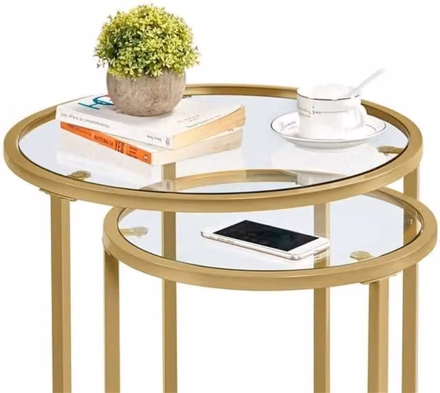 KORVIXA Gold Round Glass and Metal Nesting Side Table, W/D/H: 100 x 100 x 100 cm