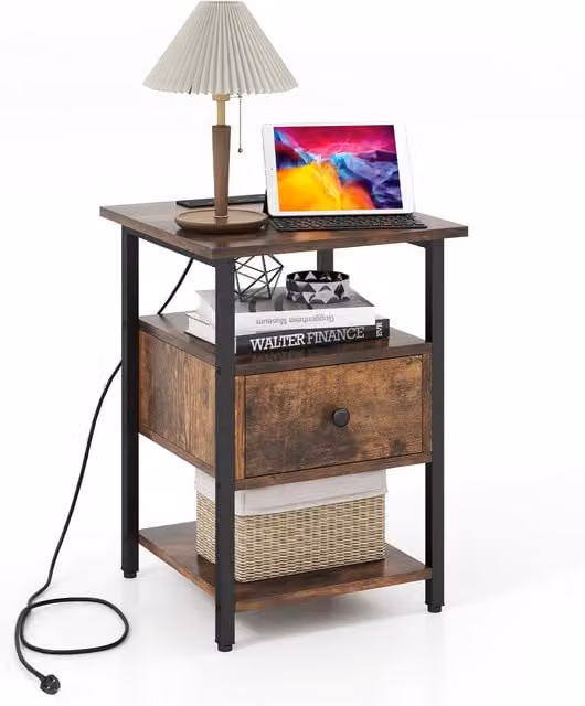 COSTWAY Industrial Brown Wood Bedside Nightstand and Sofa End Table
