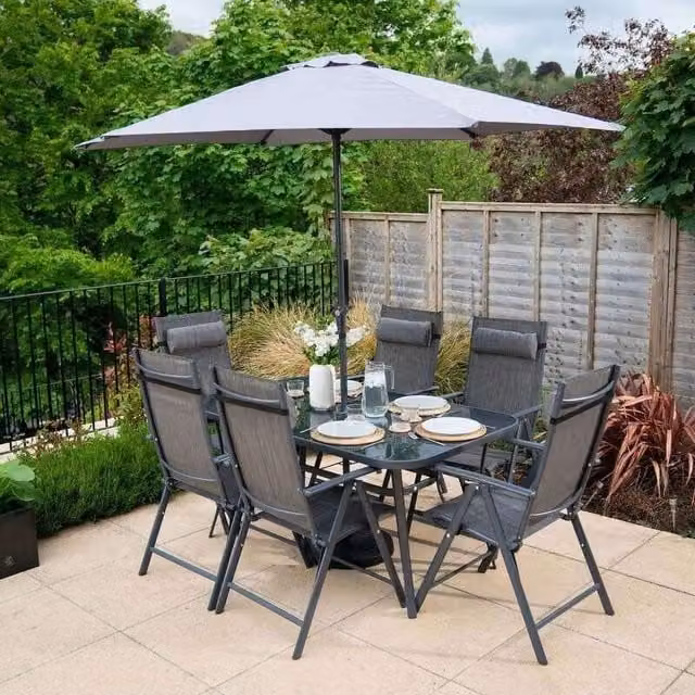 Hectare 6 Seat Modern Rectangular Dining Set with Glass Table and Reclining Polytex Chairs in Black and Grey