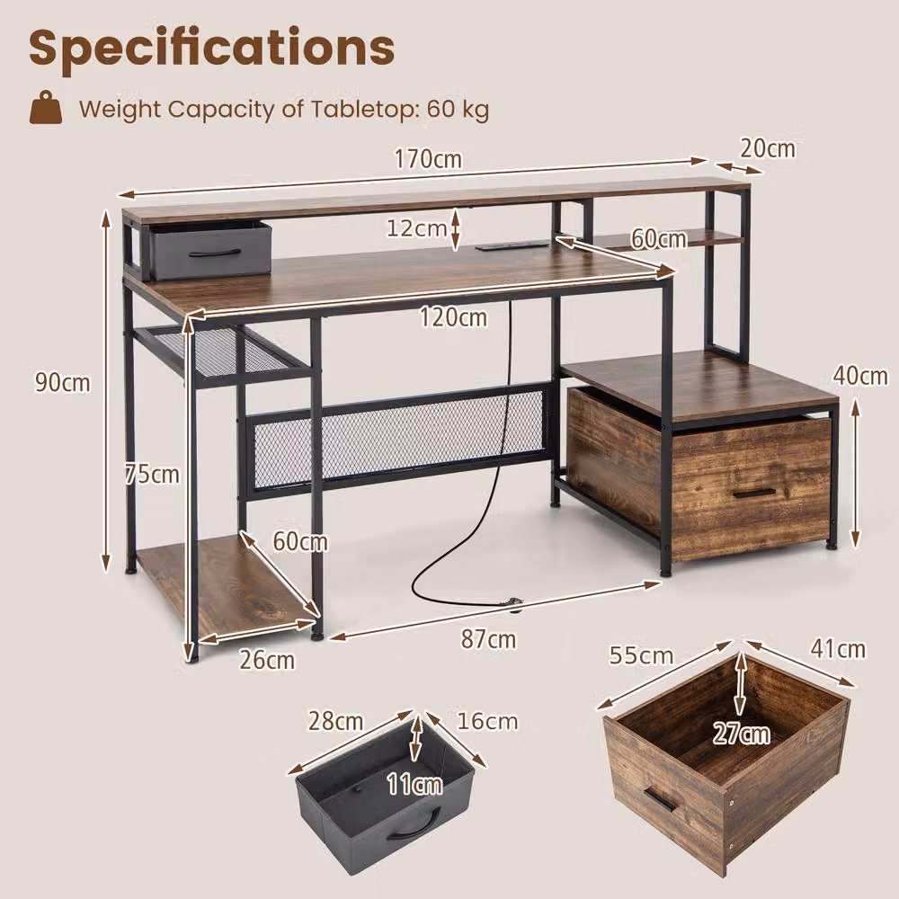 Costway Computer Desk with Monitor Stand and Power Outlets, Brown – 5