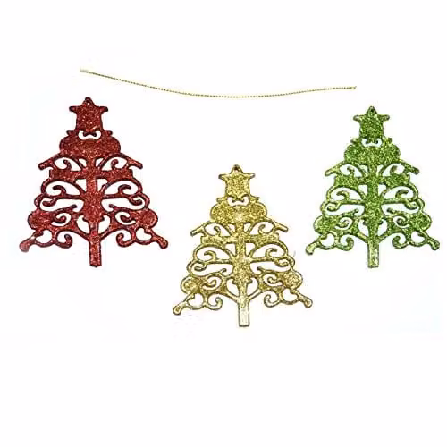 Shatchi 3-Piece Glitter Star Hanging Christmas Tree Ornaments in Red, Green, Gold and Multicolour