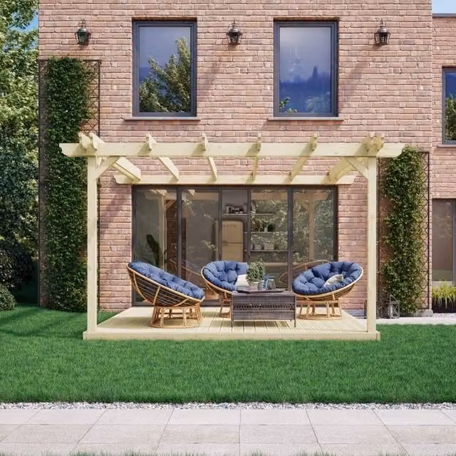 Rutland County Garden Furniture Ltd Wall Mounted Double Garden Pergola and Decking Kit, Brown and Green, W: 480 cm