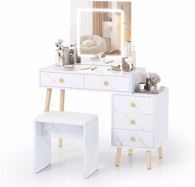 COSTWAY Modern Hollywood LED Dressing Table with Marble Top and Padded Stool in White
