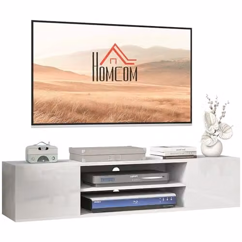 HOMCOM Modern Glossy White Floating TV Stand Cabinet with Open Shelf and Storage Cupboards, W/D/H: 140 x 30 x 30 cm