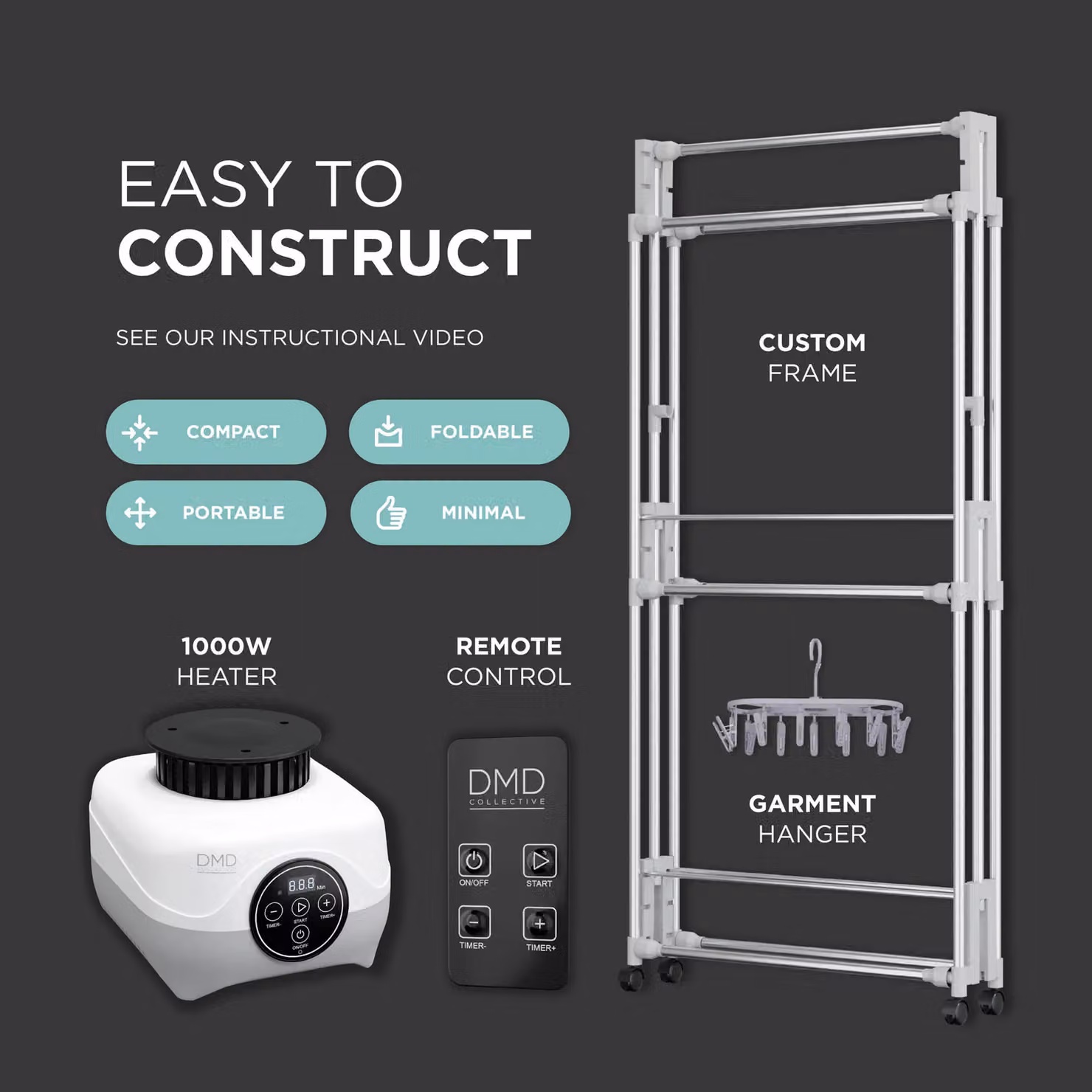 DMD Collective Hang'n'Dry+ Electric Clothes Airer Dryer with Customisable Frame, Remote Control and Pegs, Grey – 4