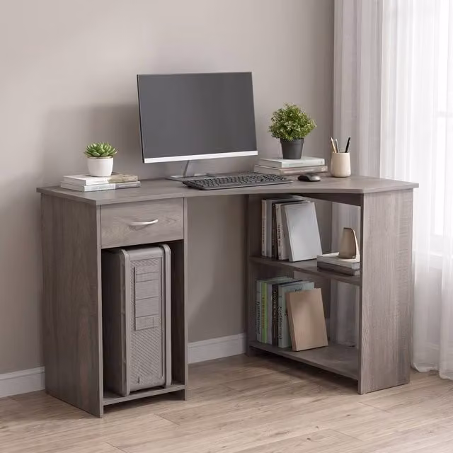 STILVORA L-Shaped Corner Desk in Grey with Shelves, Drawer and Keyboard Tray – 1