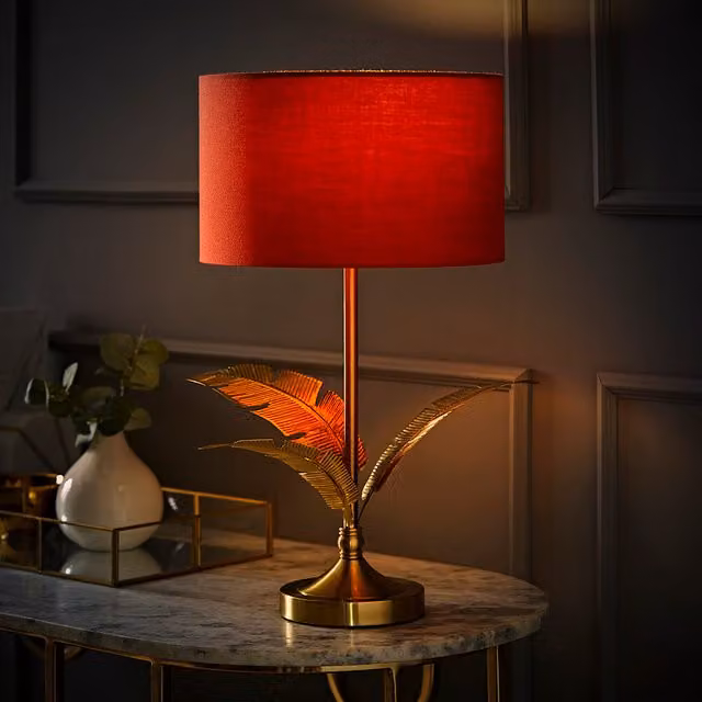 ValueLights Christina Palm Leaf Table Lamp with Fabric Drum Shade and LED Bulb in Rust and Gold/Brass