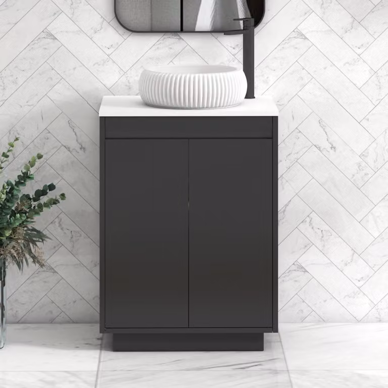 Royal Bathrooms Orion 600mm Matt Obsidian Black and Plain White Floor Standing 2 Door Vanity Unit with Milan Stone Basin and Black Accent Trim