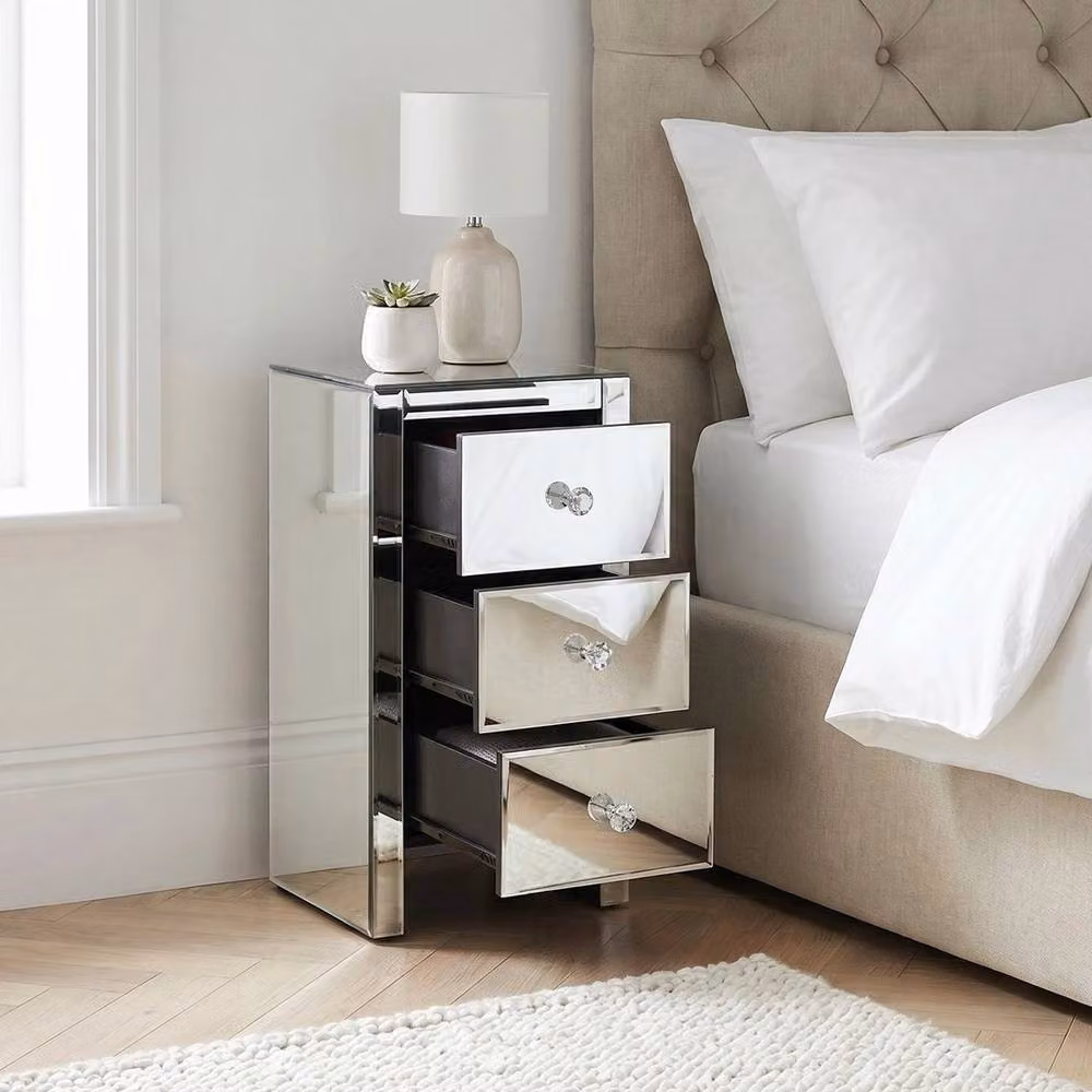 FORGEVIO Slim Narrow Venetian Mirrored 3 Drawer Bedside Cabinet in Silver – 2