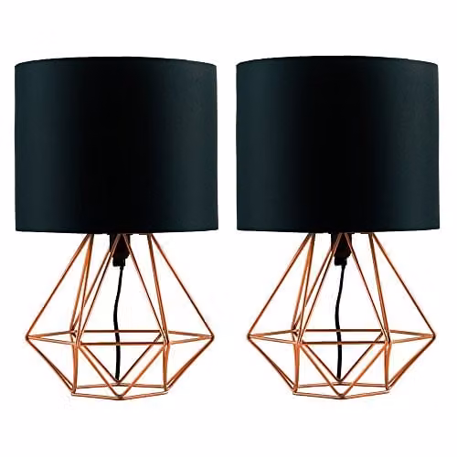 MiniSun Pair of Modern Copper Metal Basket Cage Table Lamps with Black Fabric Shades